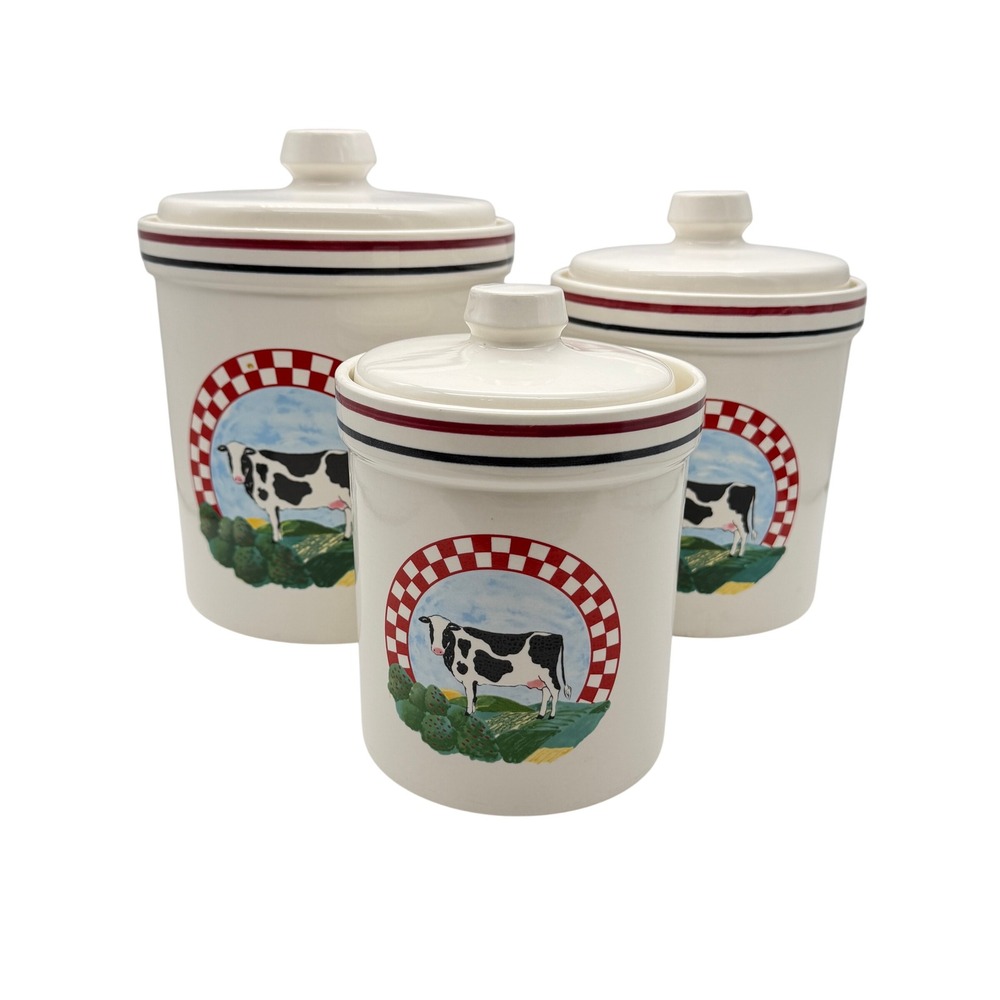 Vintage Frannys Farm Century Japan Cow kitchen canister set 3 Crocks